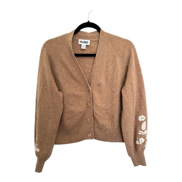 Filoro Sweaters - FILORO 100%Cashmere Floral Embroidered Sleeve Cardigan Sweater - Tan Camel S